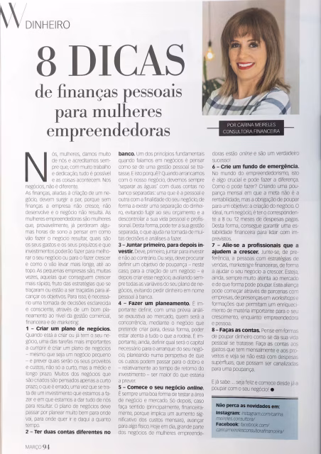 Revista Woman "8 dicas de finanças pessoais para mulheres empreendedoras" março 2020